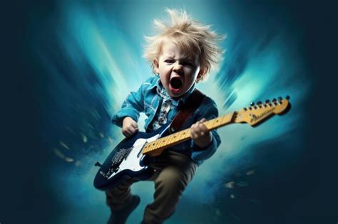 Un niño pequeño toca la guitarra eléctrica Foto Premium