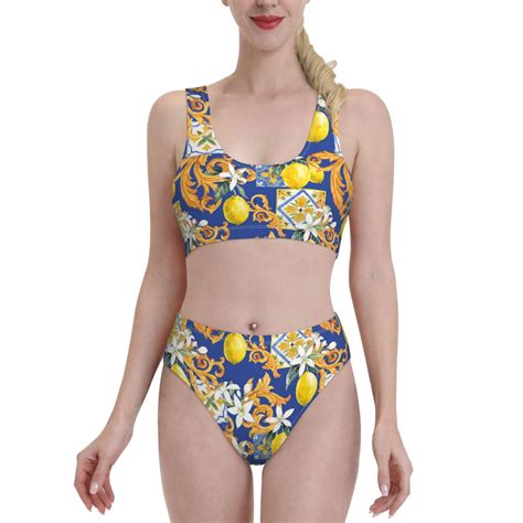 Haiem Sicilian Style Women S High Waisted Bikini Set Two Piece Bathing Suits High Cut Bikini Cut