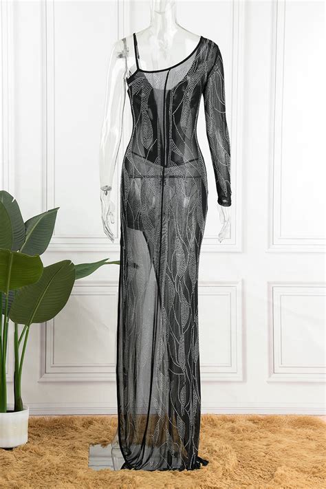 Wholesale Black Sexy Solid Patchwork See Through Asymmetrical Hot Drill