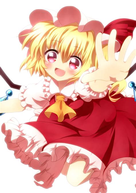 Safebooru 1girl Ascot Blonde Hair Blush Fangs Flandre Scarlet Haiiro Immature Hat Hat Ribbon