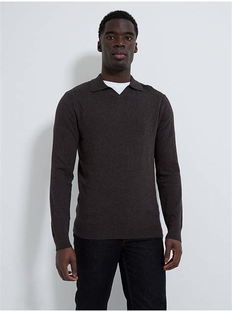 Charcoal Knitted Long Sleeve Polo Top Men George At Asda