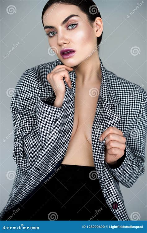 Elegant Seductive Half Naked Woman Posing In Vintage Jacket Stock Photo Image Of Fashionable