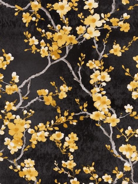 Premium Photo | A close up of a black and yellow floral wallpaper with ...