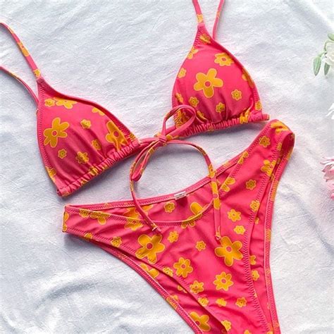 Deadstock Vintage Inspired Bikini Thong Style Green Floral Printed Bikini Y K S S