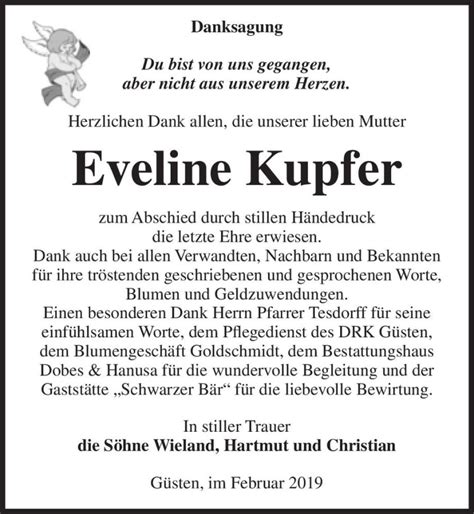 Traueranzeigen Von Eveline Kupfer Abschied Nehmen De