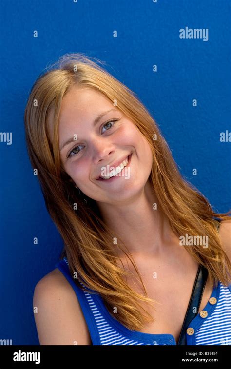 Blonde Swedish Model In Blue Stock Photo Alamy