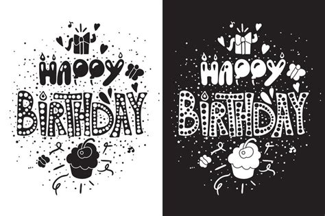 Cartão de feliz aniversário em temas preto e branco com presente e ...