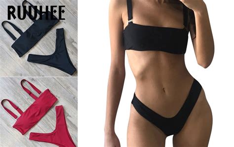Cheap Price Ruuhee Solid Bikini Swimwear Women Swimsuit High Cut Brazilian Bikini Set Bathing