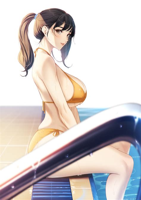 Blueorca Original Highres Girl Bikini Black Hair Blurry Blurry Foreground Breasts
