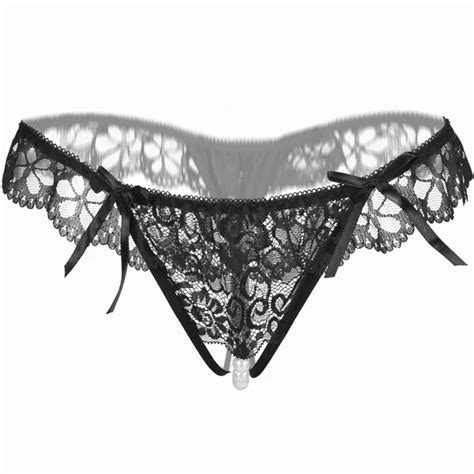 Hot Sexy Underwear Women Thong Bow Lace Crotchless Intimates Sexy Panties Briefs With Pearl