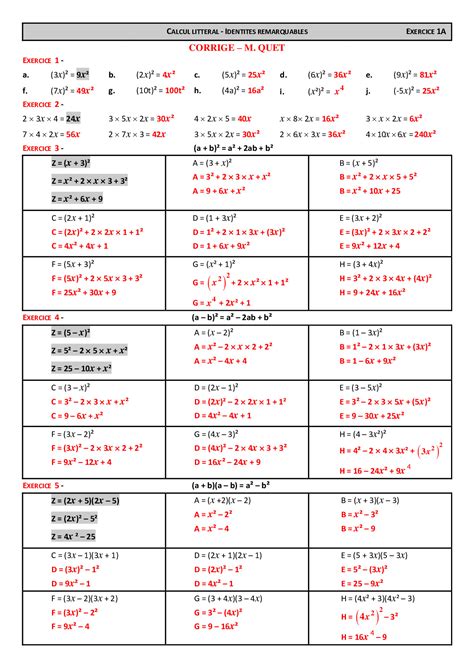 D Veloppements Identit S Remarquables Corrig S D Exercices