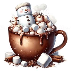 Cute Marshmallow Melting Snowman Overflowing Hot Cocoa Cozy Winter Snowman Snowmen Winter