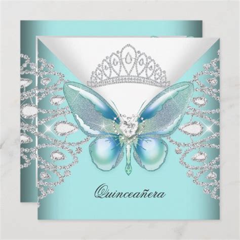 Teal Blue Butterfly Tiara Quinceanera Th Party Invitation Zazzle