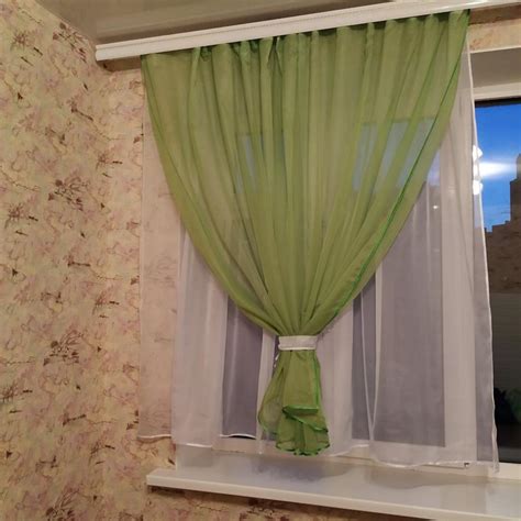 Готовая зелёная короткая пошитая тюль занавеска для кухни, веранды ...