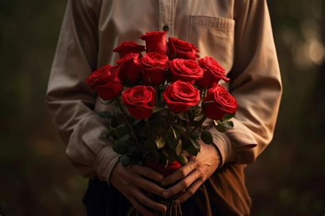 Premium Photo A Man Holds A Bouquet Of Red Roses In His Hands