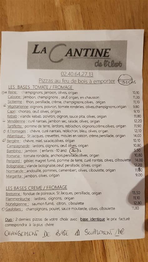 Menu au La Cantine de l îlot restaurant La Plaine sur Mer