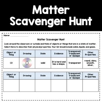 Matter Scavenger Hunt Solids Liquids Gases By Teaching Resources By