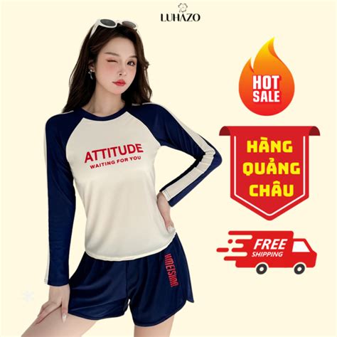 Bikini 2 mảnh LUHAZO đi biển áo dài tay quần đùi kín đáo phối màu retro phong cách thể thao 7048