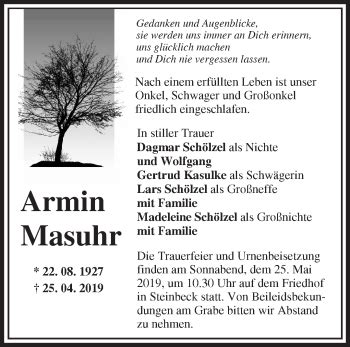 Traueranzeigen von Armin Masuhr Märkische Onlinezeitung Trauerportal