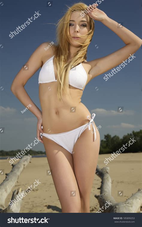 Beautiful Blonde Woman White Bikini Posing Stock Photo 185899253 Shutterstock