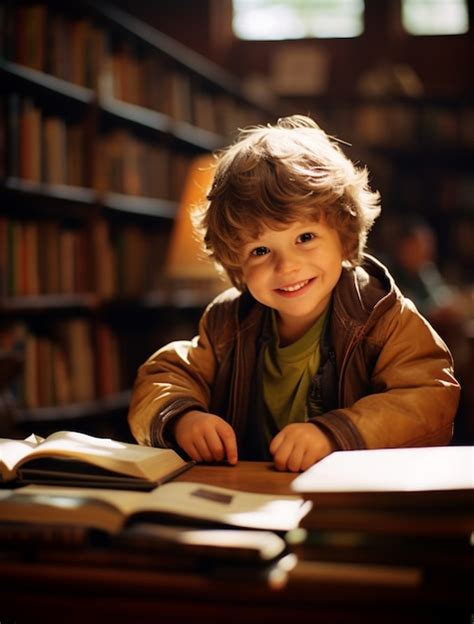 Portrait of boy reading in library | AI-generated image