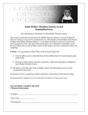 Fillable Online Saint Mother Theodore Guerin Award Nomination Form Fax