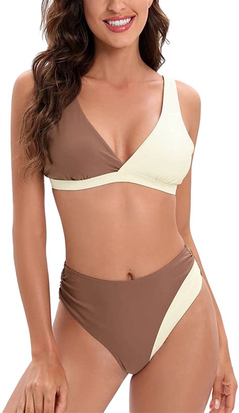 Women S V Neck High Waisted Bikini Swimsuits High Cut Ruched Sides WF Shopping