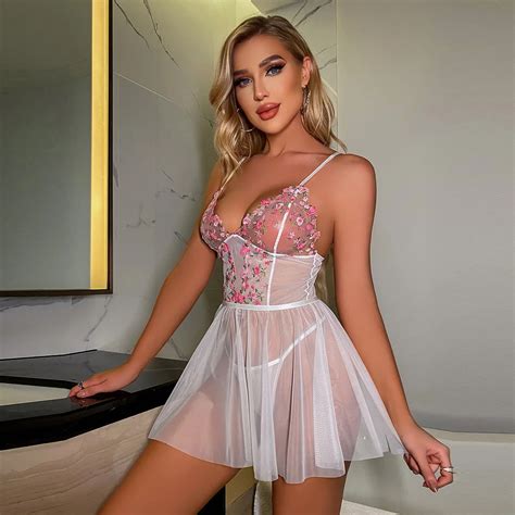 Lady Sleeping Dress Boudoir Nighties Sexy Lingerie Lace Babydoll Mesh Sleepwear Lingerie Dress