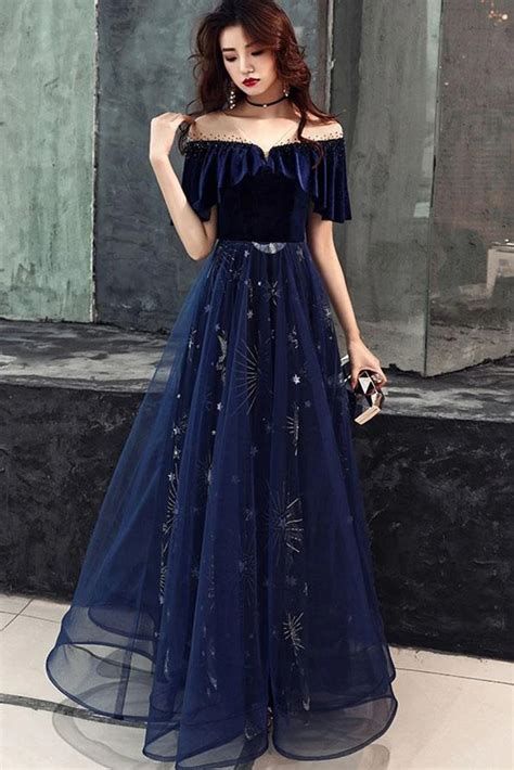 Blue Tulle With Velvet Long Party Dress A Line Off Shoulder Formal Dr