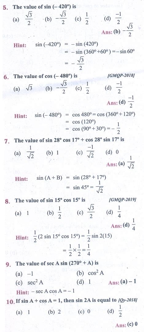 Exercise Trigonometric Ratios Problem Questions With