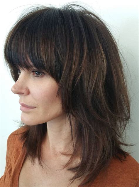 Medium Shag With Full Straight Bangs Medium Shag Haircuts Medium Length Hair Styles Thick