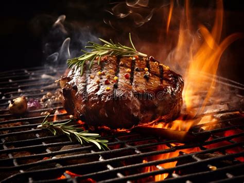 Delicious Juicy Beef Steak On Grill With Smoke And Flames Aged Prime