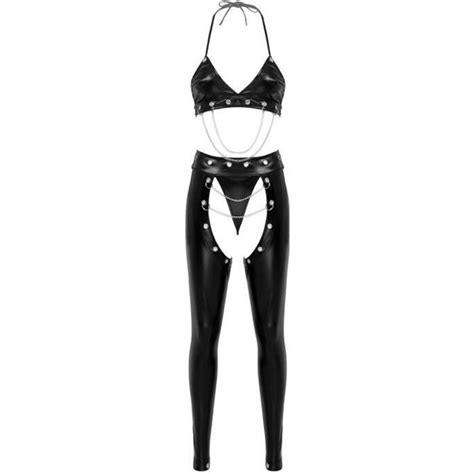 Iixpin Ensemble Costume Sexy Femme Cuir Verni Lingerie Ouverte Coquine Tenue Clubwear M XXL Noir
