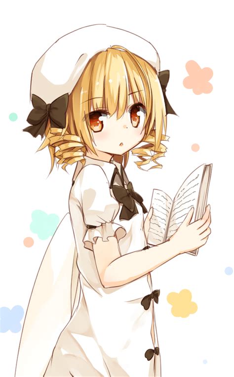Safebooru 1girl Blonde Hair Book Bow Brown Eyes Dress Drill Hair Hat Looking At Viewer Luna