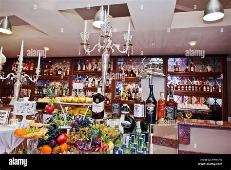 Hai, Ukraine - January 5, 2017: Different bottles on bar reception on ...