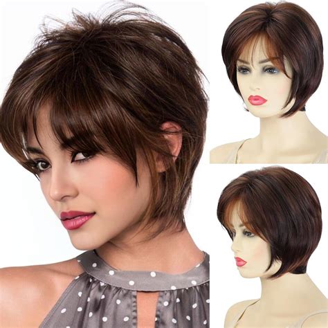 Amazon XIUFAXIRUSI XIUFAXIRUSI Brown Layered Pixie Wigs For White Women Blonde Highlight