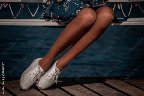 Shiny Nude Pantyhose On A Beautiful Woman Legs Girl On A Bench Stock Photo Adobe Stock