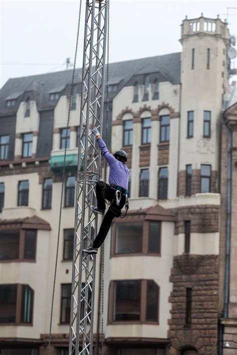 Worker Climbs a Scaffold Throug Editorial Image - Image of scaffold ...