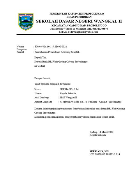 Surat Permohonan Buka Rekening Untuk Sekolah | PDF