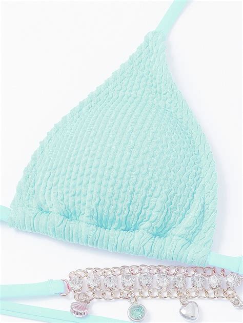 Textured Bikini Set Rhinestone Chain Decor Triangle Bra Top Tie Side Bikini Bottom Piece
