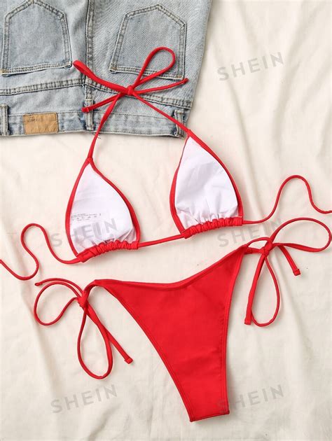 SHEIN Swim Conjunto de bikini unicolor Sujetador de triángulo halter y traje de baño de 2 piezas