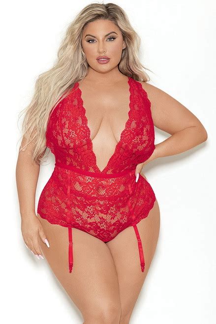 Plus Size Red Euphoria Lace Gartered Lingerie Teddy Spicy Lingerie