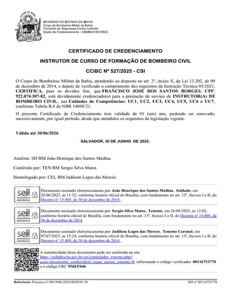 Credenciamento Bombeiro Civil Mg - Certificado de Credenciamento de Instrutor Bombeiro Civil | PDF