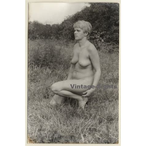 Natural Shorthaired Blonde Nude On Meadow Vintage Photo GDR S
