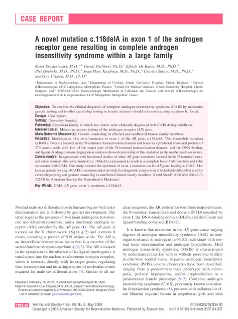 Pdf A Novel Mutation C118dela In Exon 1 Of The Androgen Receptor