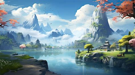 Premium Photo | Fantasy Chinese Landscape Digital Illustration of a ...