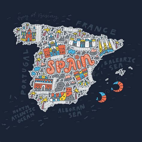 Cartoon Map of Spain. Travel Illustration with Spanish Landmarks, Buildings, Food and Plants ...