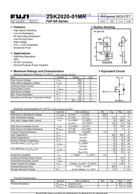 2SK2020 01MR Datasheet PDF文件下载 芯片资料查询 维库电子市场网