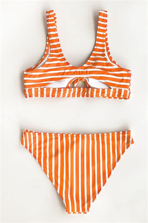 Orange And White Stripe Bikini Top With Bowknot