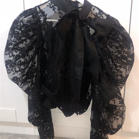 Black Lace Puff Sleeve Pussy Bow Shirt Worn Once Depop
